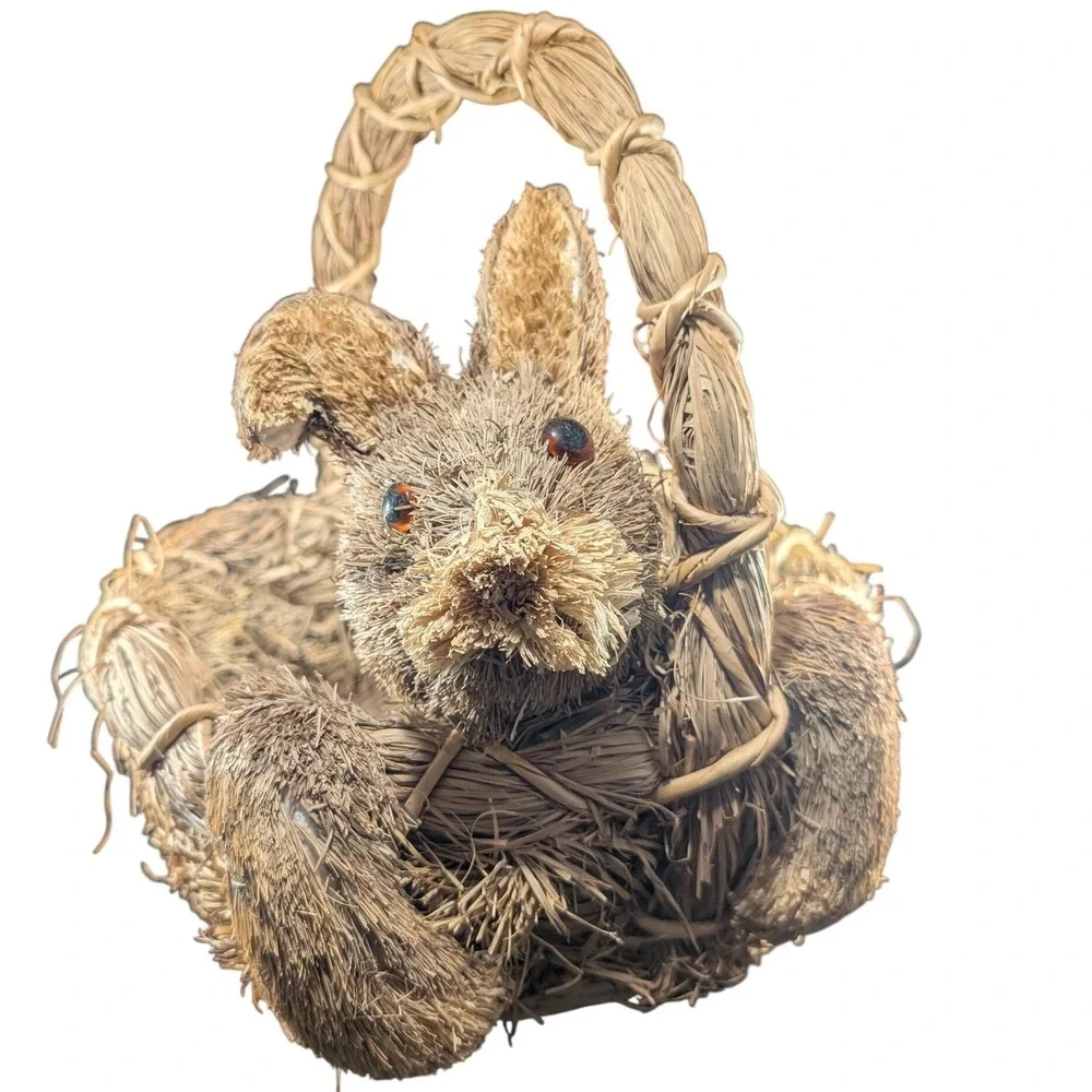 Natural Woven Straw Easter Basket with Sisal Bunny‎ Rabbit Rustic Holiday Decor